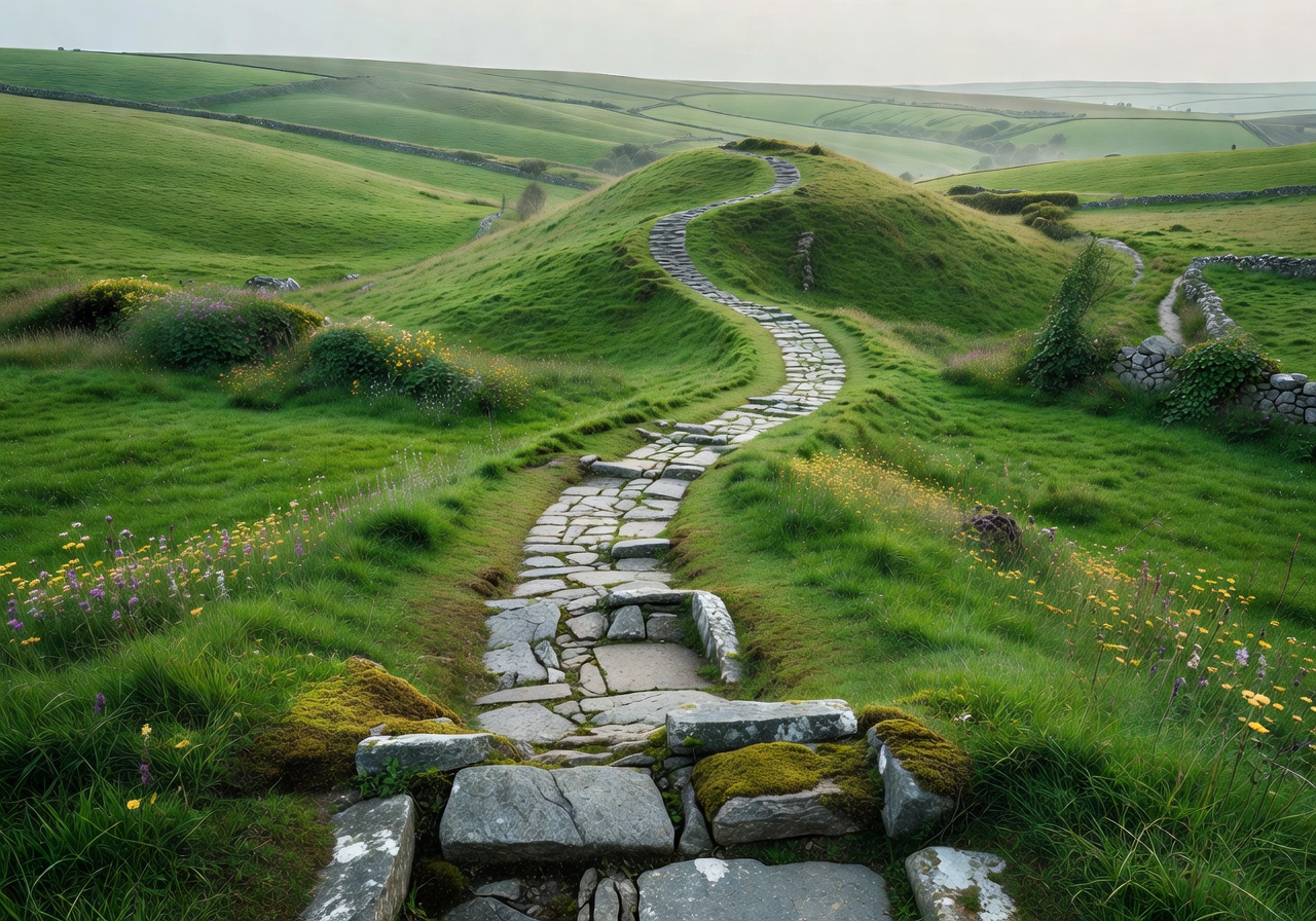 Beautiful stone pathway leading through Irish green fields