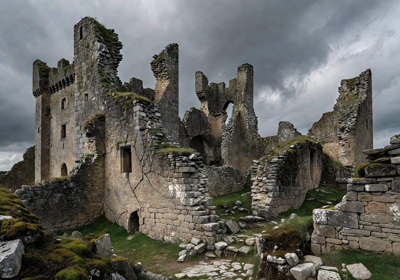 Stone castle ruins against a cloudy sky